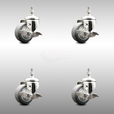 Service Caster 3.5 Inch 316SS Thermoplastic Rubber 10mm Threaded Stem Caster Set Brake SCC SCC-SS316TS20S3514-TPRB-TLB-M1015-4